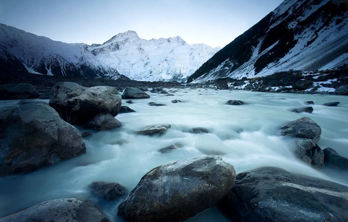 Фото обои зима, пейзаж, горы, река, лёд