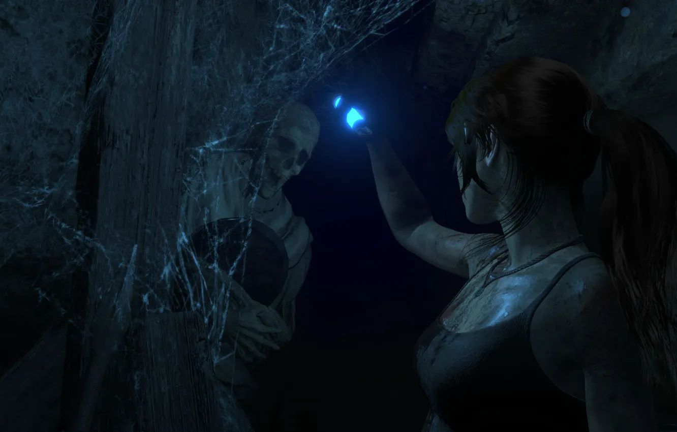 Фото обои Паутина, Пещера, Скелет, Lara Croft, Rise Of The Tomb Raider