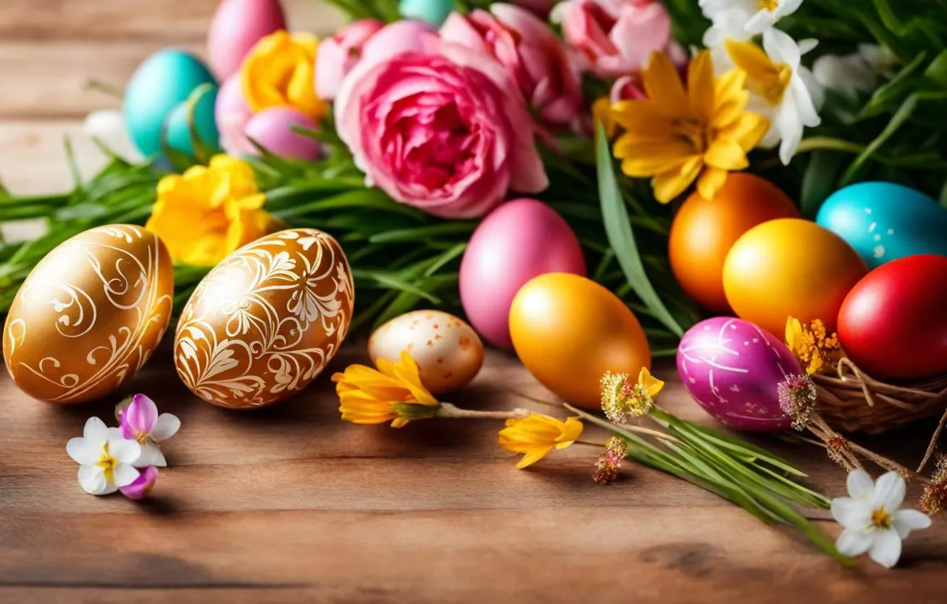 Фото обои цветы, яйца, весна, colorful, Пасха, happy, flowers, spring