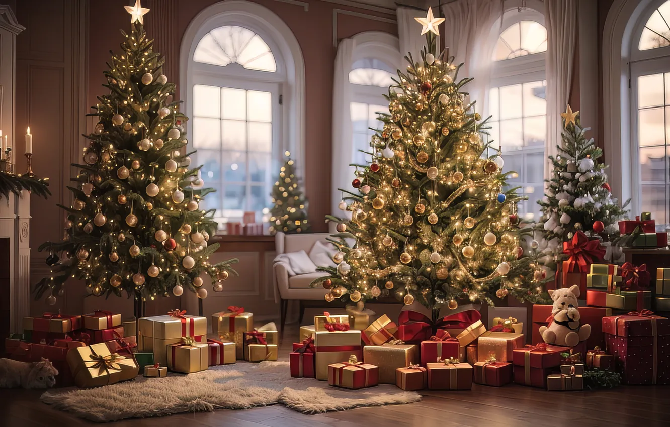 Фото обои украшения, комната, подарок, елка, новый год, интерьер, Рождество, Christmas
