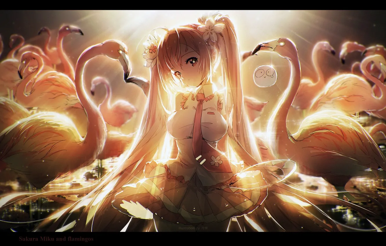 Фото обои галстук, vocaloid, лучи солнца, вокалоид, фламинго, много, розовые волосы, Sakura Miku