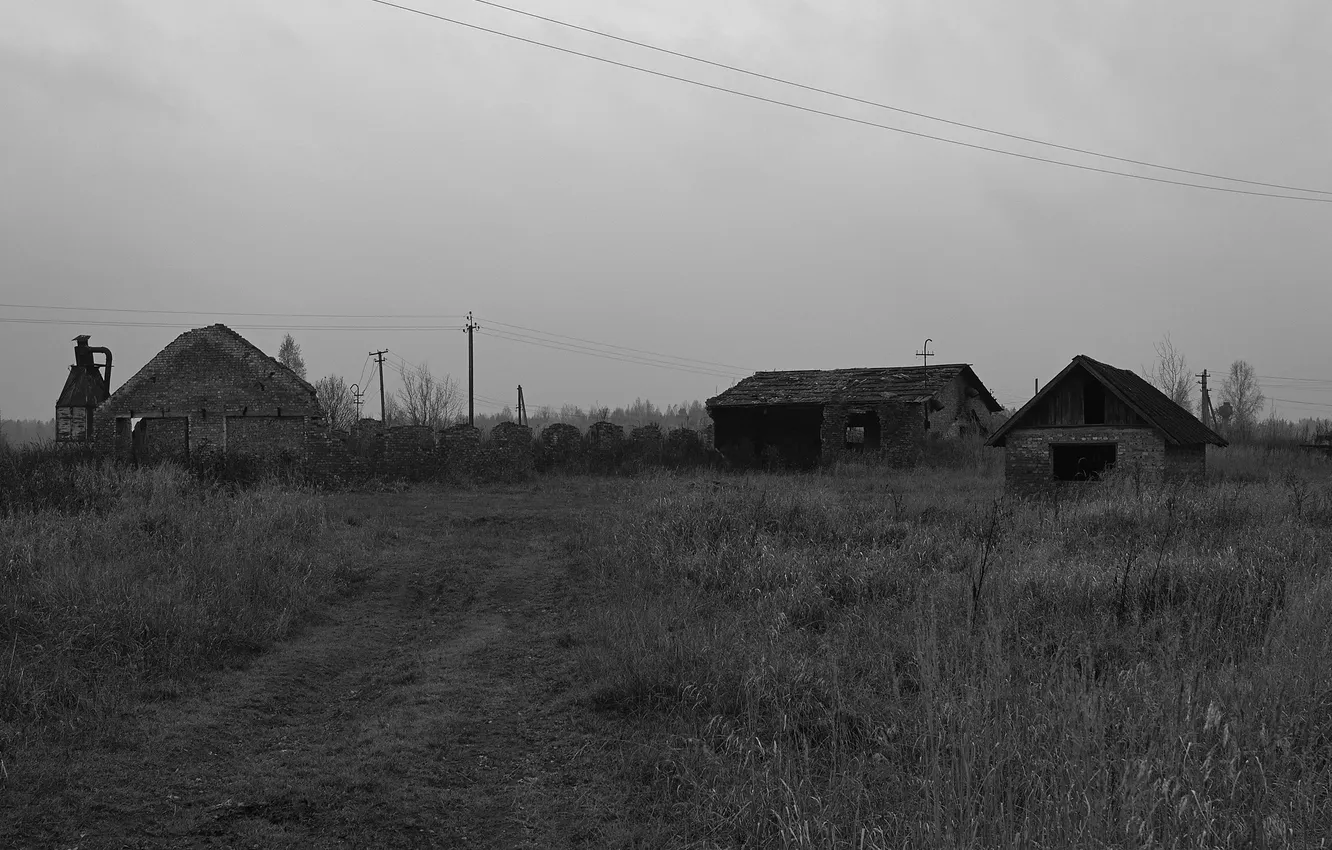 Фото обои дорога, небо, трава, здания, дома, чёрно-белое, Россия, архитектура