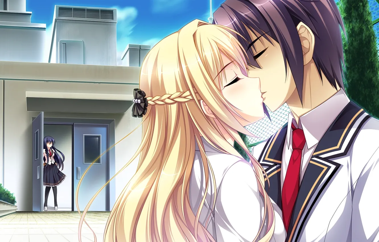 Фото обои поцелуй, галстук, форма, школьники, на крыше, visual novel, подглядывание, mote sugite shuraba na ore