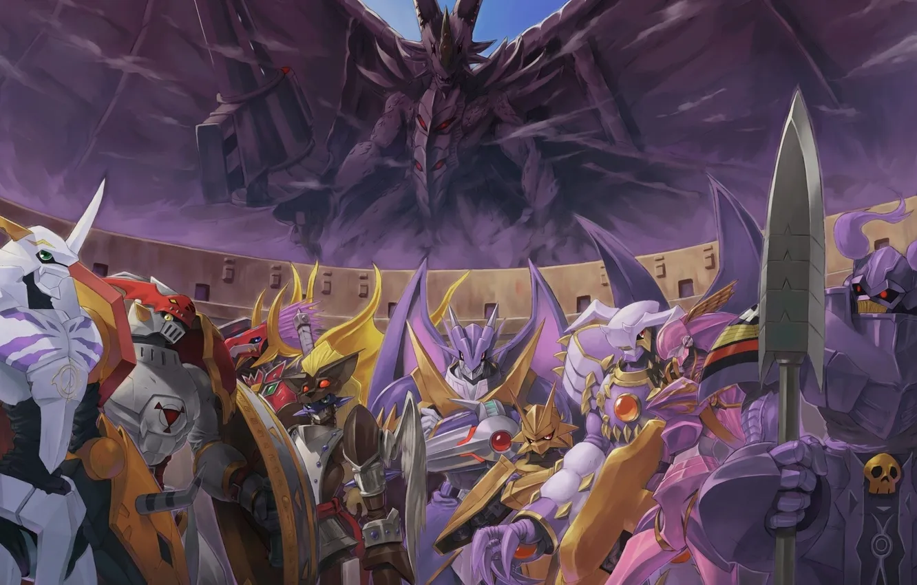 Фото обои оружие, крылья, аниме, роботы, арт, digimon, omegamon, craniamon