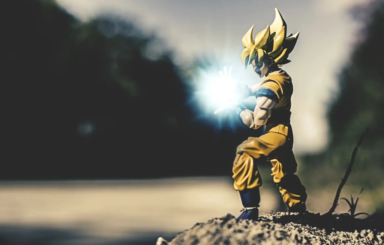 Фото обои деревья, река, игрушки, власть, Dragon Ball Z, Super Saiyan Son Goku