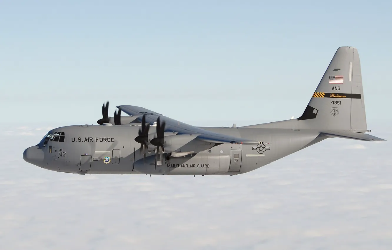 Фото обои облака, США, самолёт, летит, Lockheed, Геркулес, военно-транспортный, Hercules