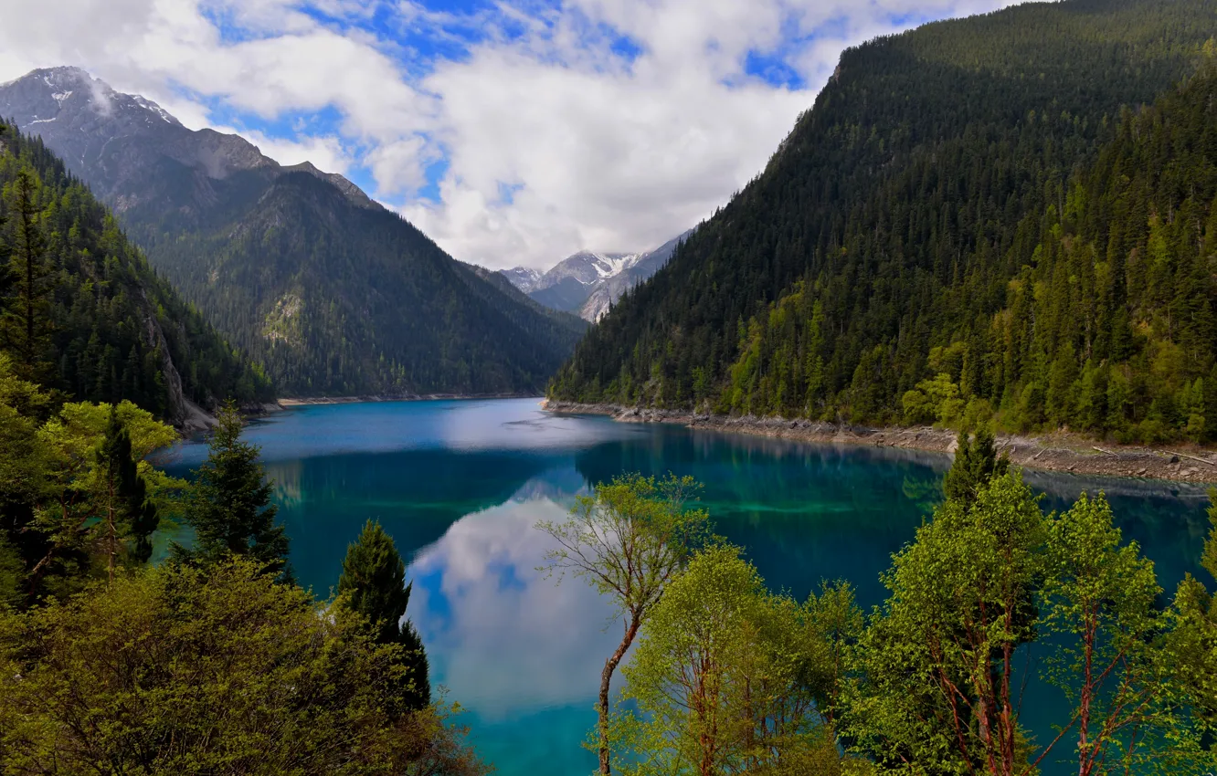 Фото обои горы, озеро, China, Китай, заповедник, Long Lake, Сычуань, Sichuan