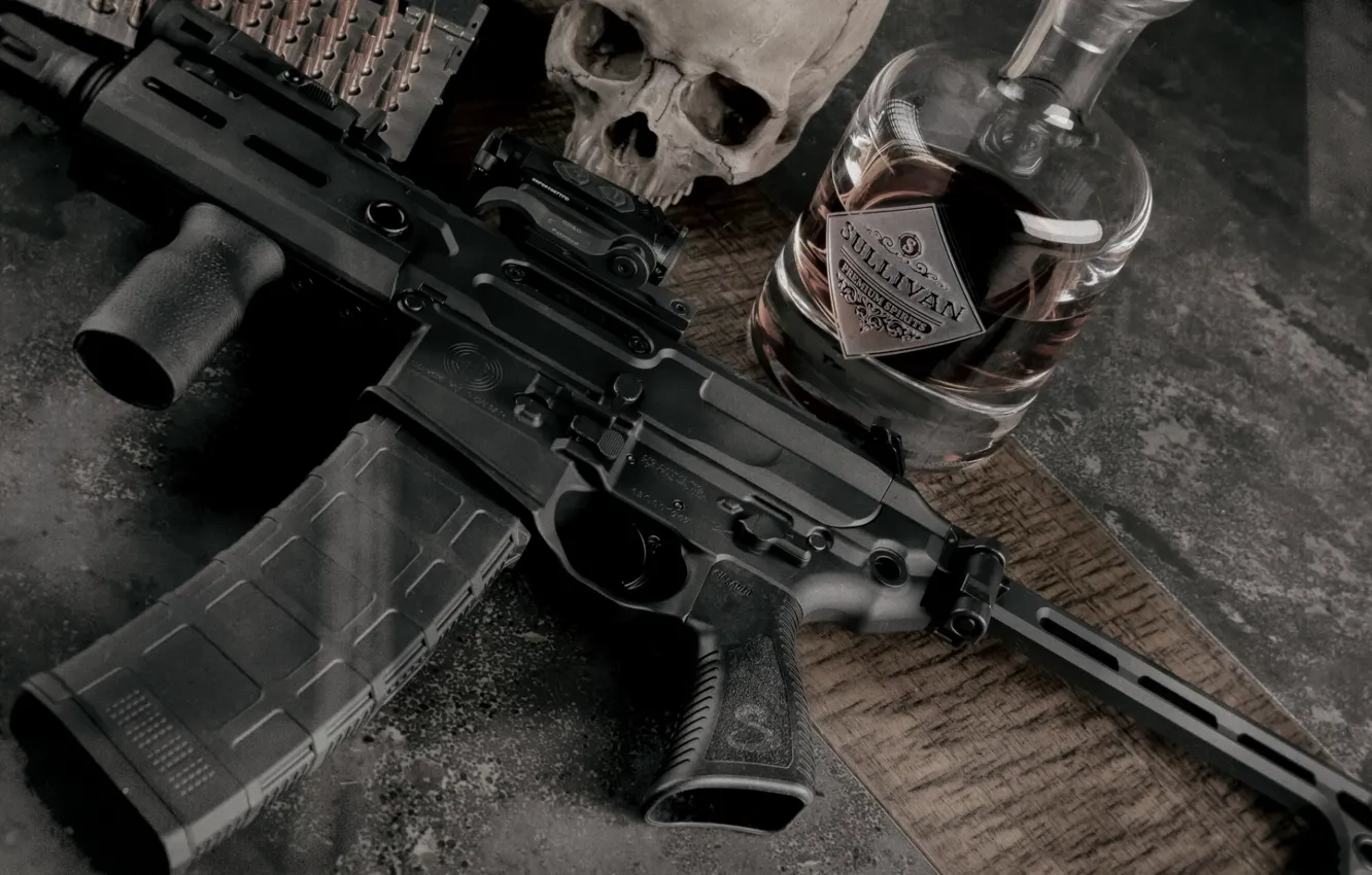 Фото обои оружие, череп, бутылка, skull, винтовка, weapon, custom, м16