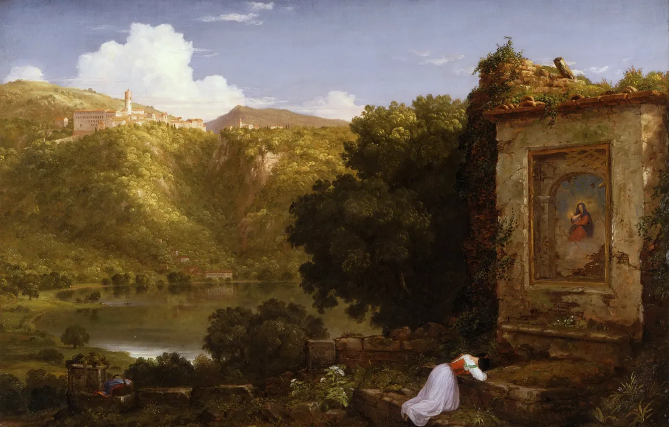 Фото обои небо, пейзаж, горы, озеро, картина, молитва, Thomas Cole