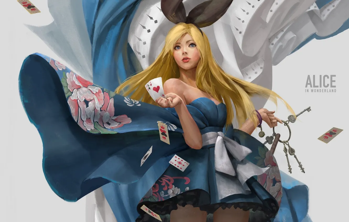 Фото обои декольте, серый фон, ключи, Alice in Wonderland, длинные волосы, Алиса в Стране Чудес, Alice, голубое …