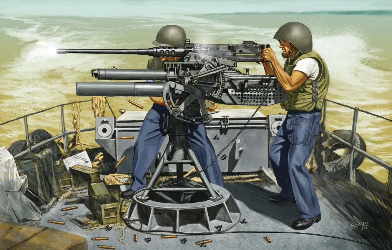 Фото обои огонь, арт, художник, солдаты, пулемет, США, морская, системы