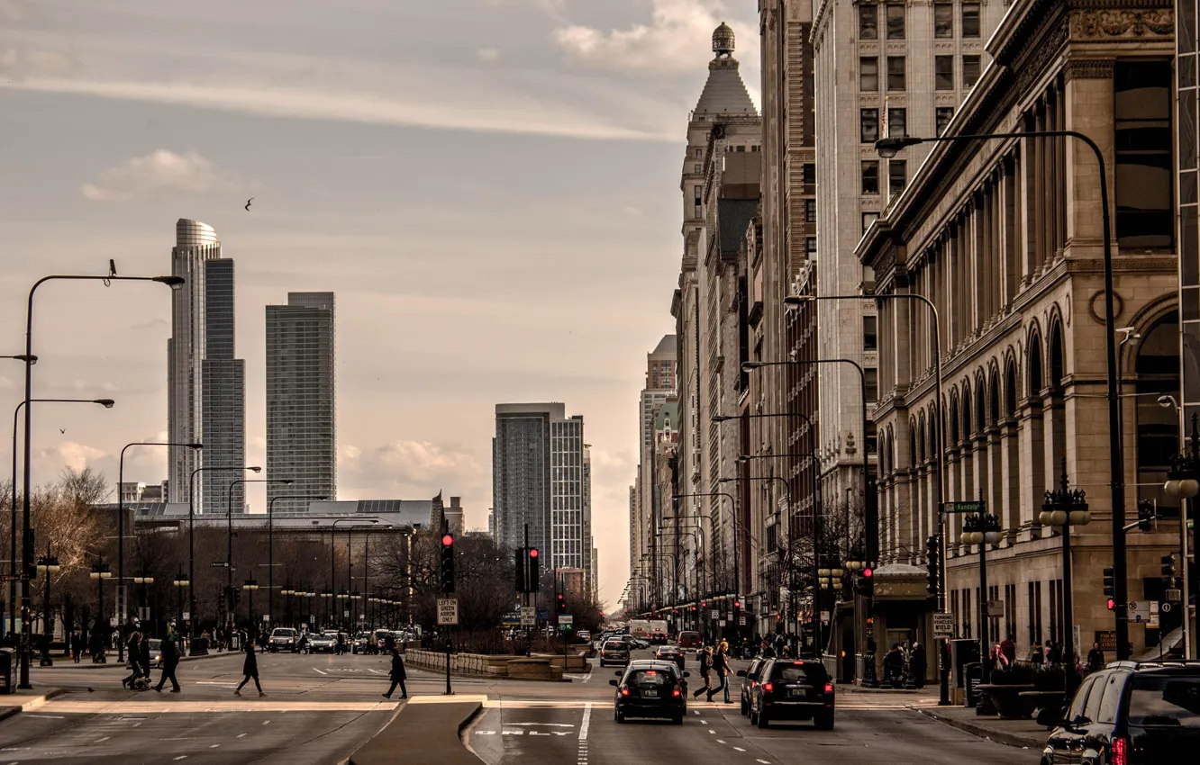 Фото обои машины, город, движение, люди, улица, небоскребы, Чикаго, Иллиноис