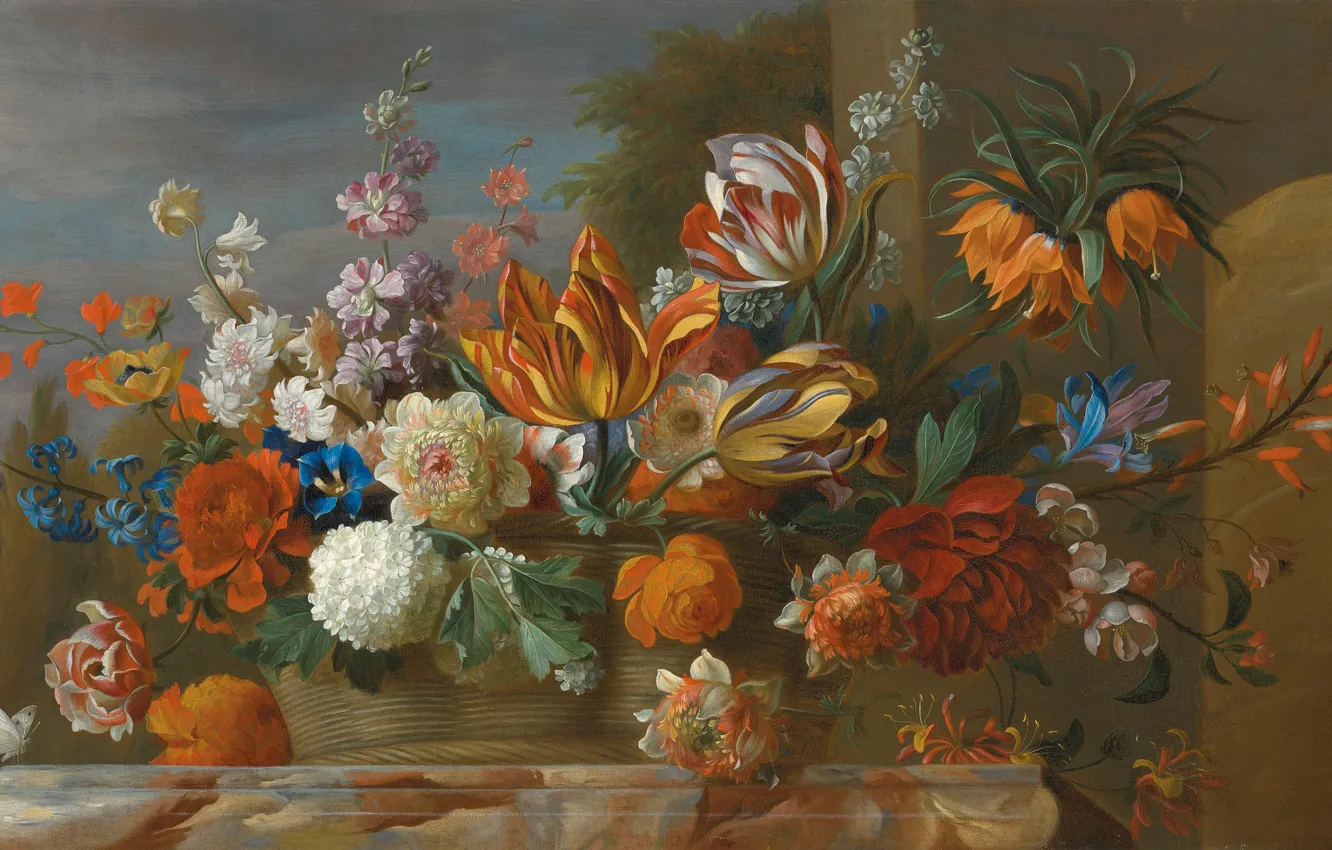 Фото обои цветы, масло, натюрморт, Jakob Bogdani, «Tulips peonies and other flowers in a basket»