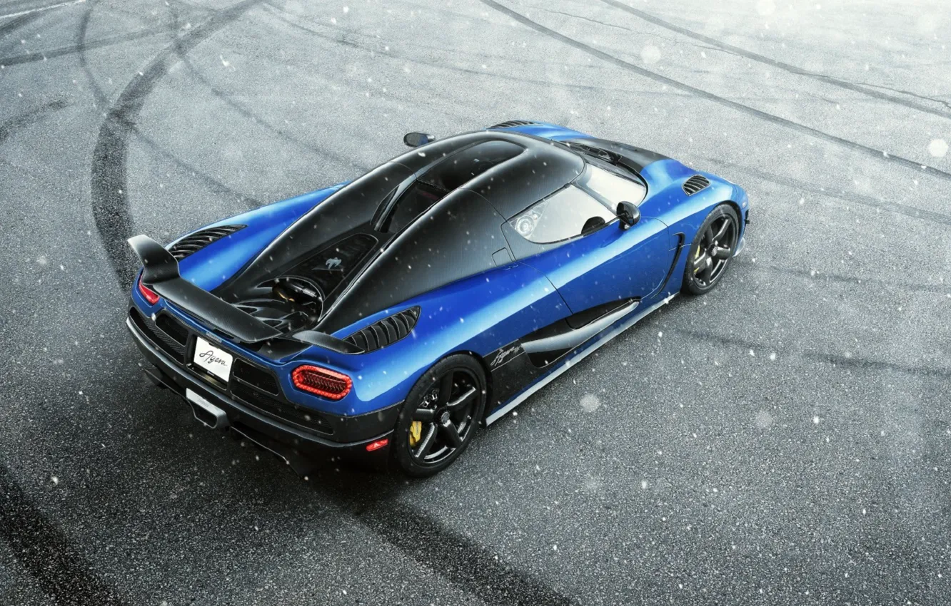 Фото обои Koenigsegg, Blue, Snow, Agera, View, Supercar, Rear, Top