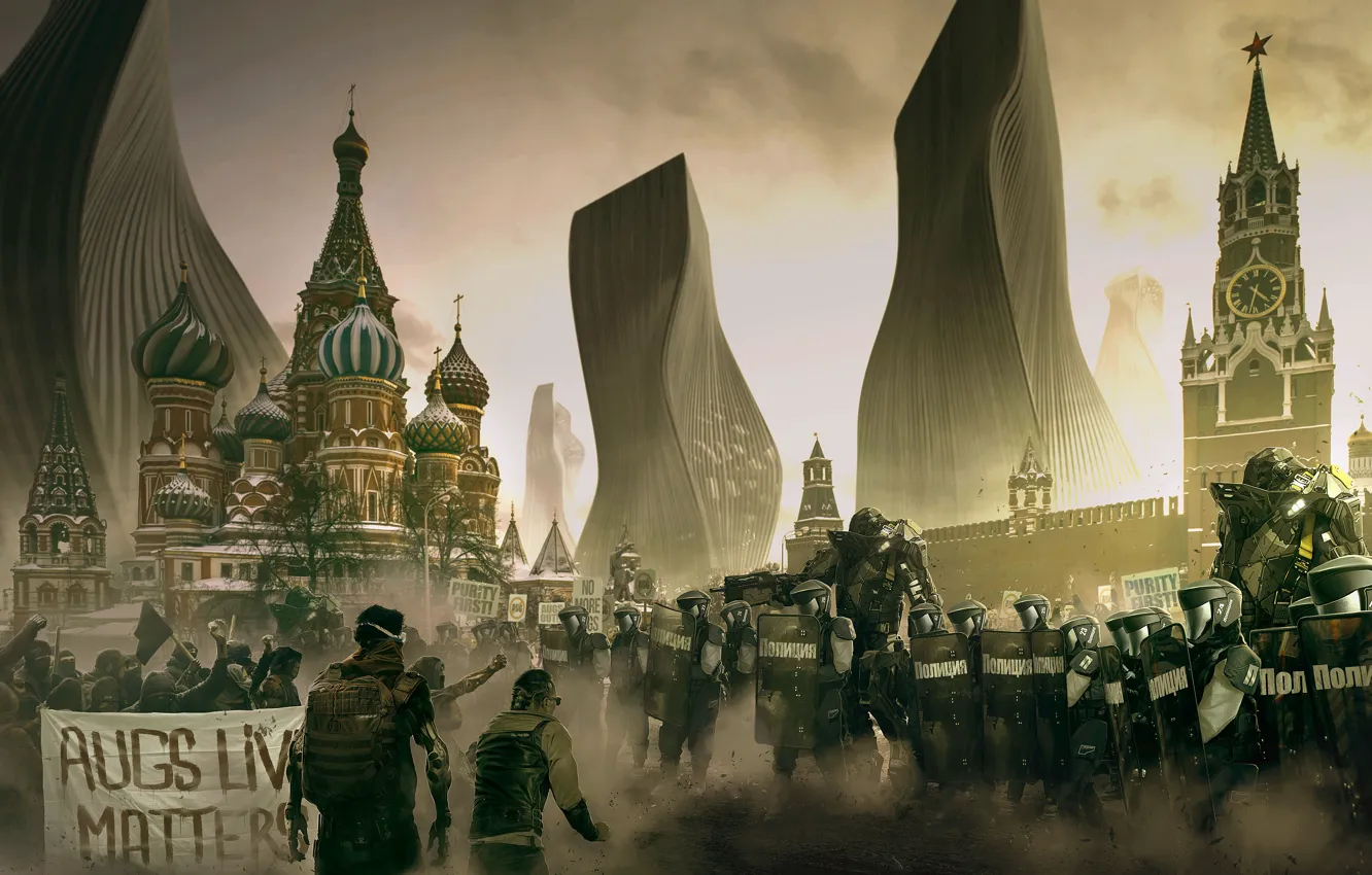 Фото обои город, люди, фантастика, москва, площадь, солдаты, кремль, броня