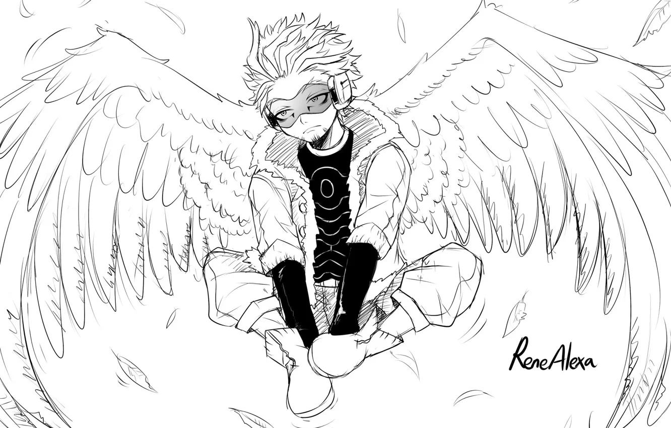 Фото обои крылья, ангел, арт, парень, чёрно - белое, My Hero Academia, Boku No Hero Academia, Моя …