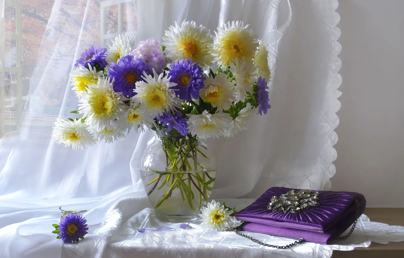 Фото обои цветы, стол, букет, занавески, сумочка, натюрморт, астры