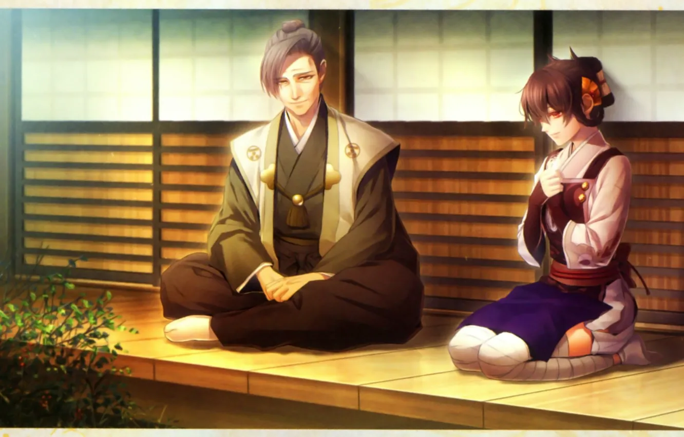 Фото обои прическа, кимоно, двое, веранда, visual novel, toki no kizuna, yukina suzmori, motoyasu mouri