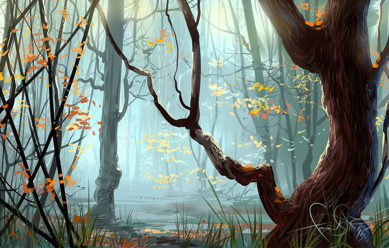 Фото обои осень, лес, трава, деревья, арт