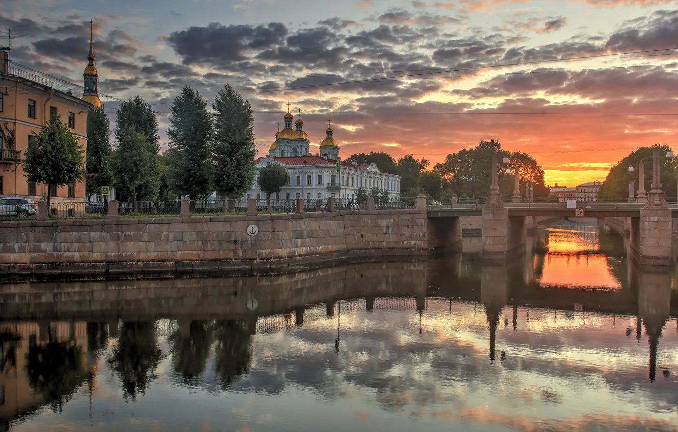 Фото обои мост, город, река, утро, Питер, Мойка, Санкт-Петербург, Михайловский замок