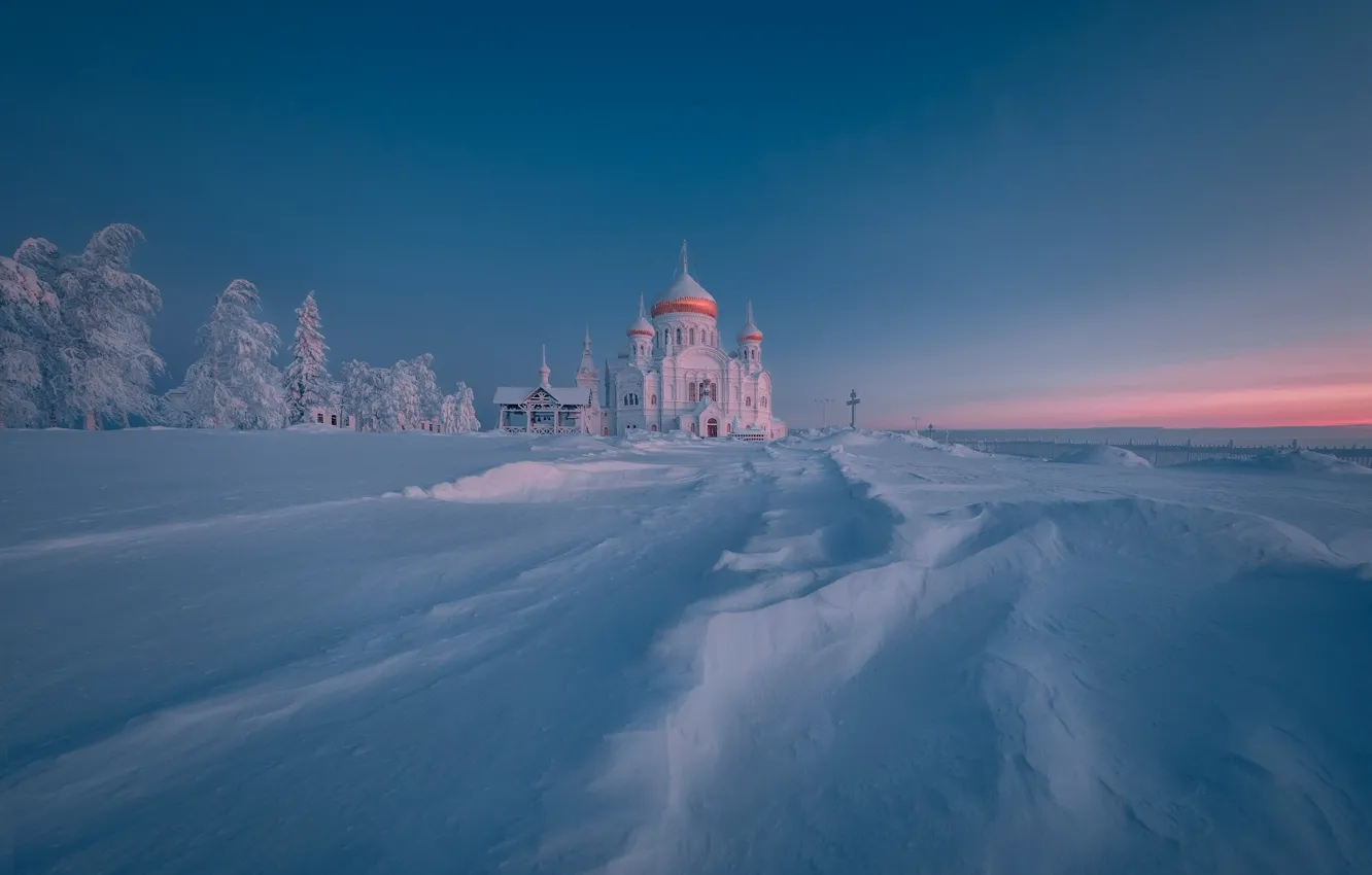 Фото обои зима, снег, пейзаж, природа, рассвет, утро, храм, монастырь
