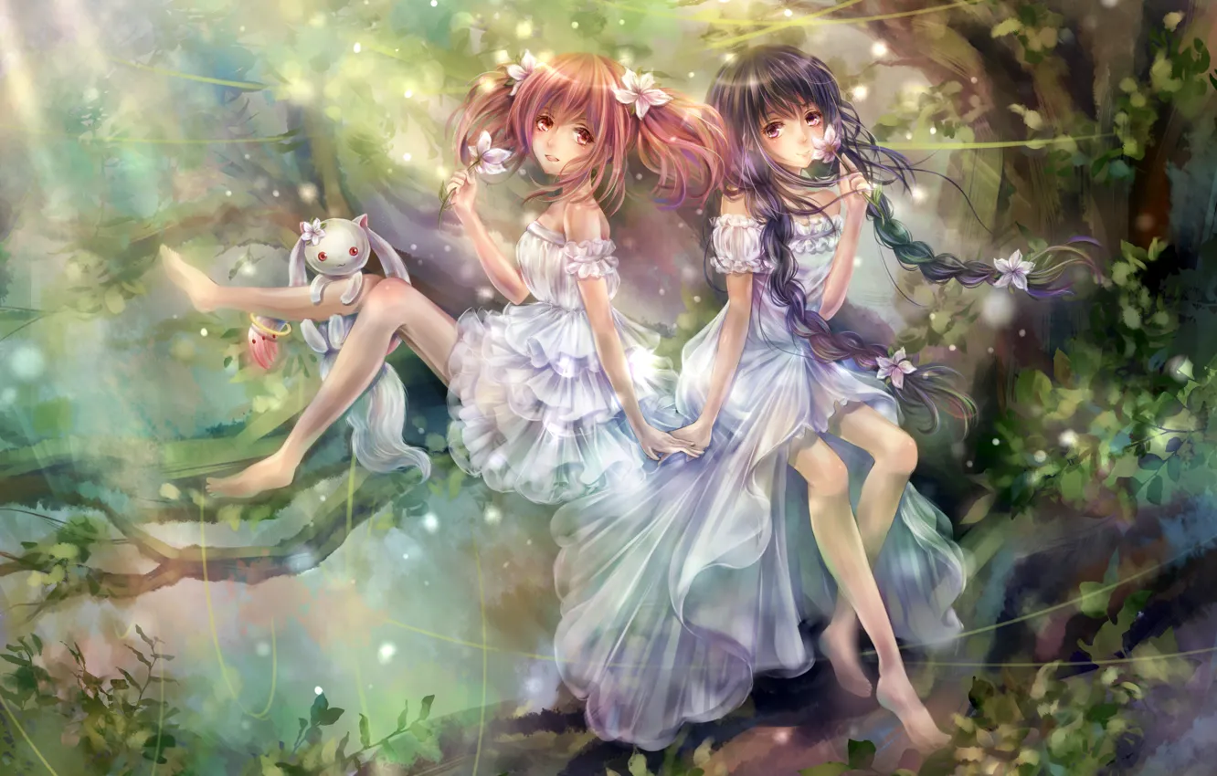 Фото обои лес, цветы, девочки, арт, зверек, mahou shoujo madoka magica, akemi homura, kaname madoka