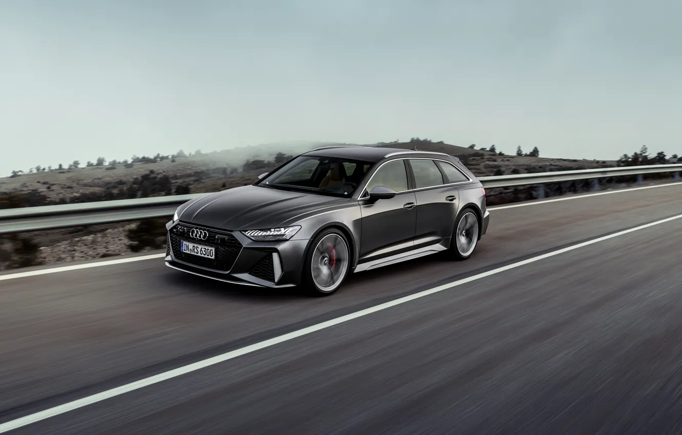 Фото обои дорога, Audi, ограждение, универсал, RS 6, 2020, 2019, тёмно-серый