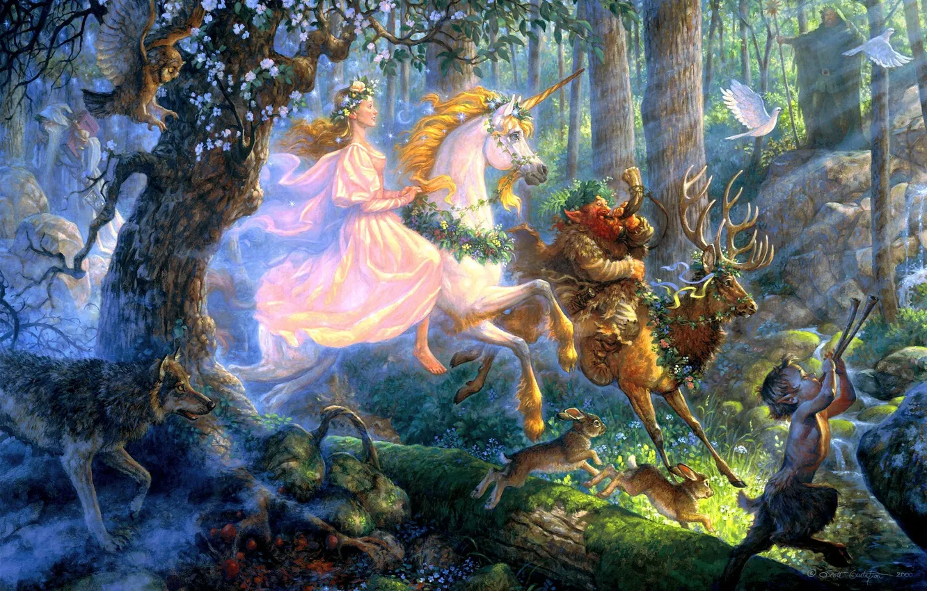 Фото обои лес, девушка, волк, олень, арт, единорог, голуби, зайцы