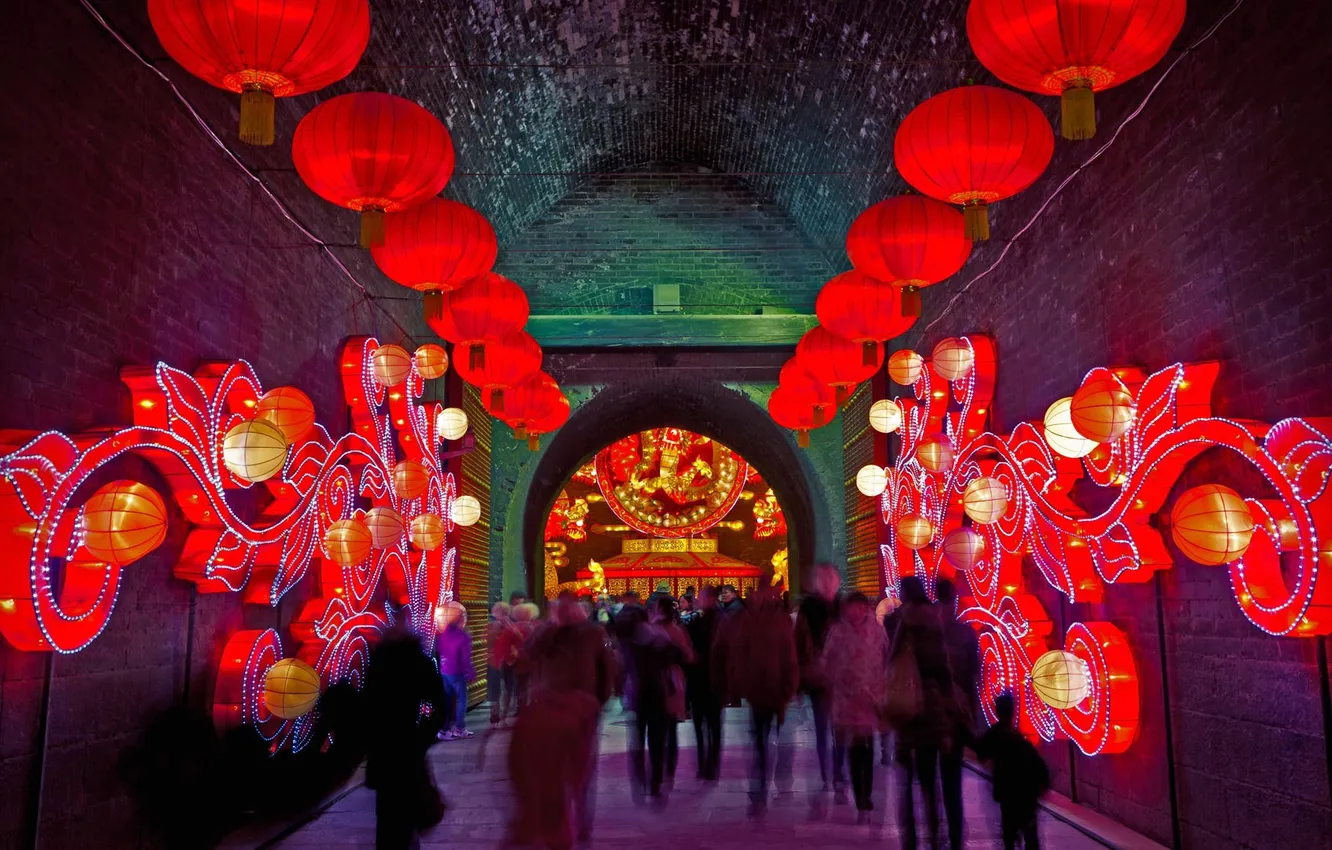 Фото обои огни, люди, Китай, Шэньси, Южные ворота, Сиань