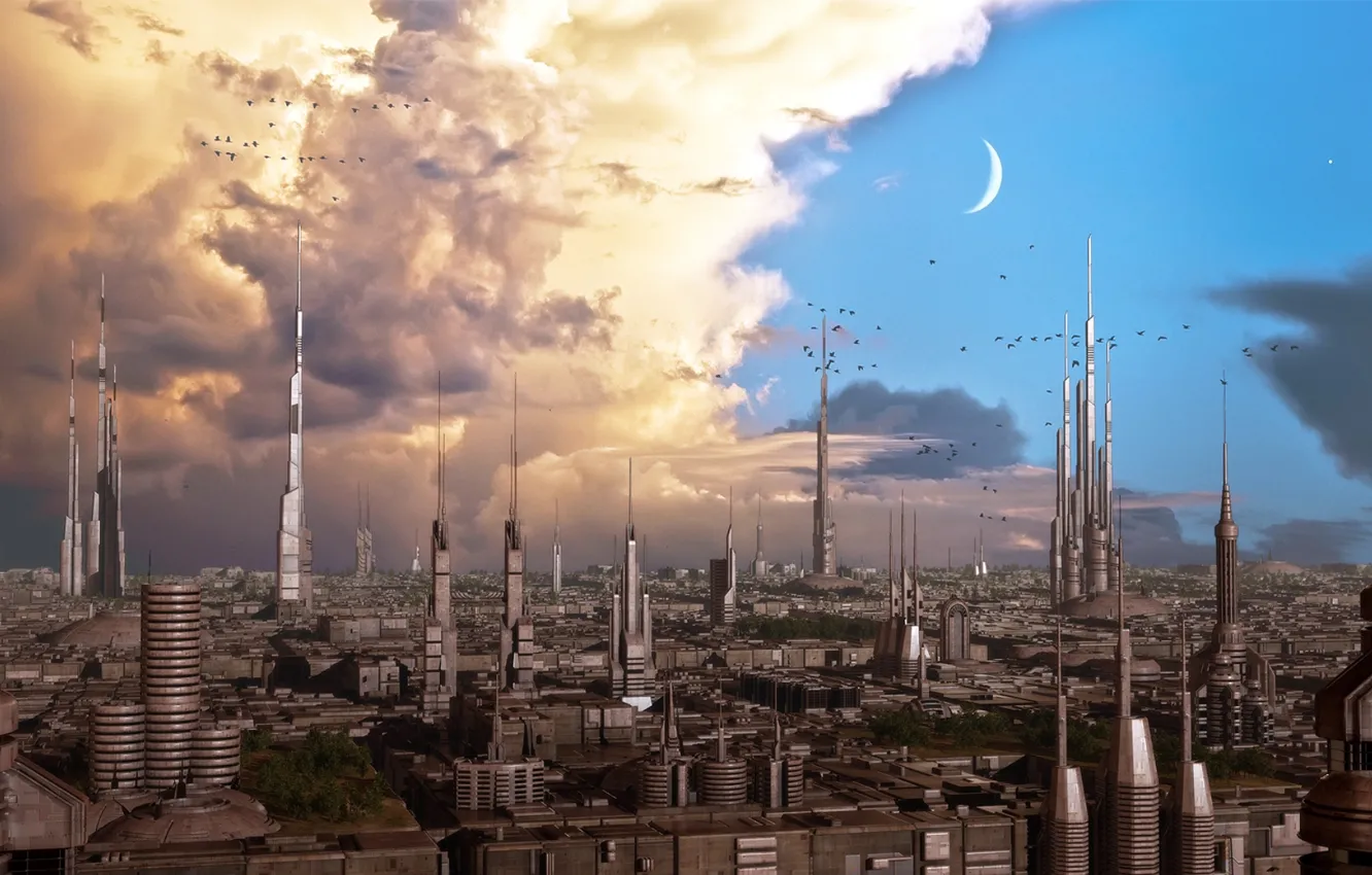 Фото обои sky, clouds, birds, planet, towers, iron city