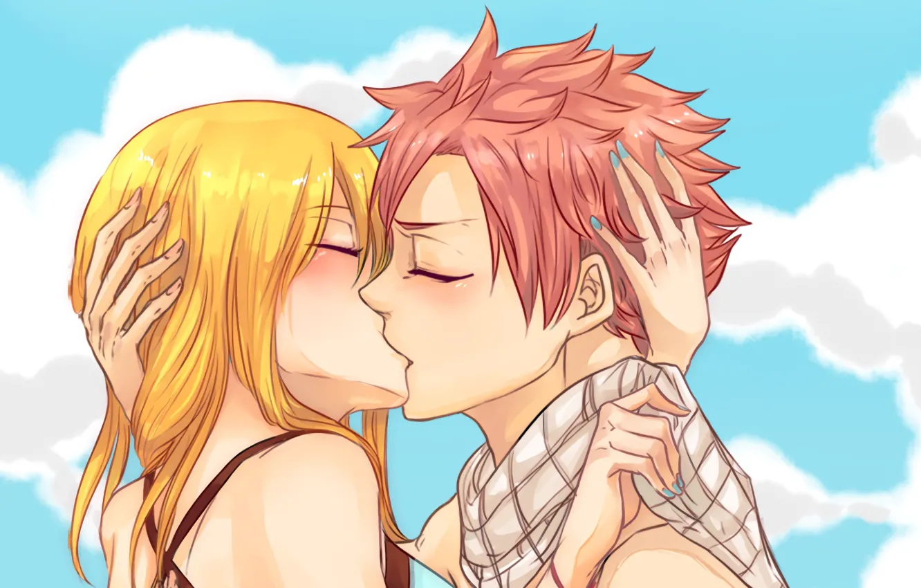 Фото обои любовь, поцелуй, пара, люси, нацу, хвост феи, Fairy Tail