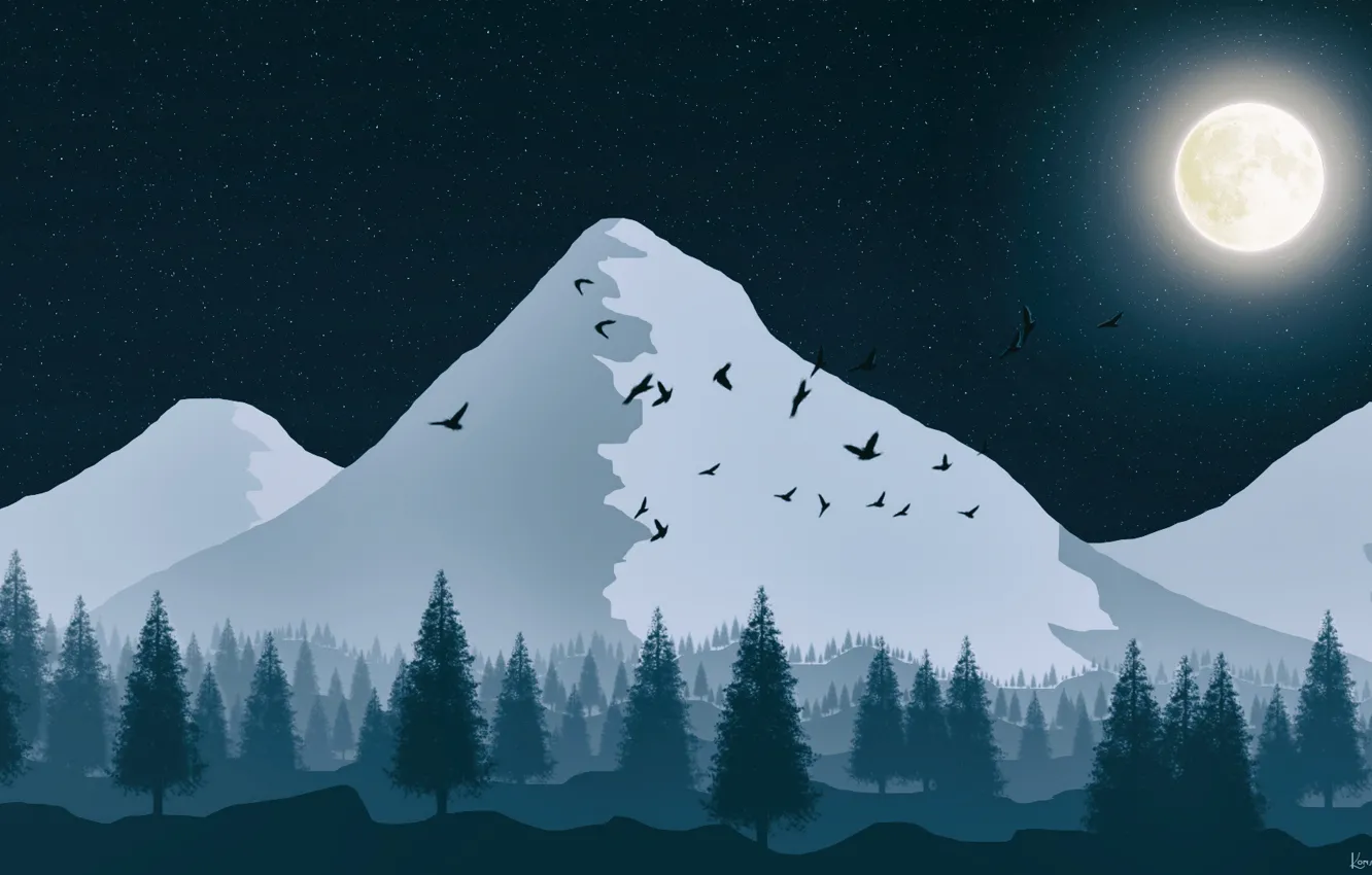 Фото обои лес, небо, звезды, горы, птицы, луна, рисунок, елки