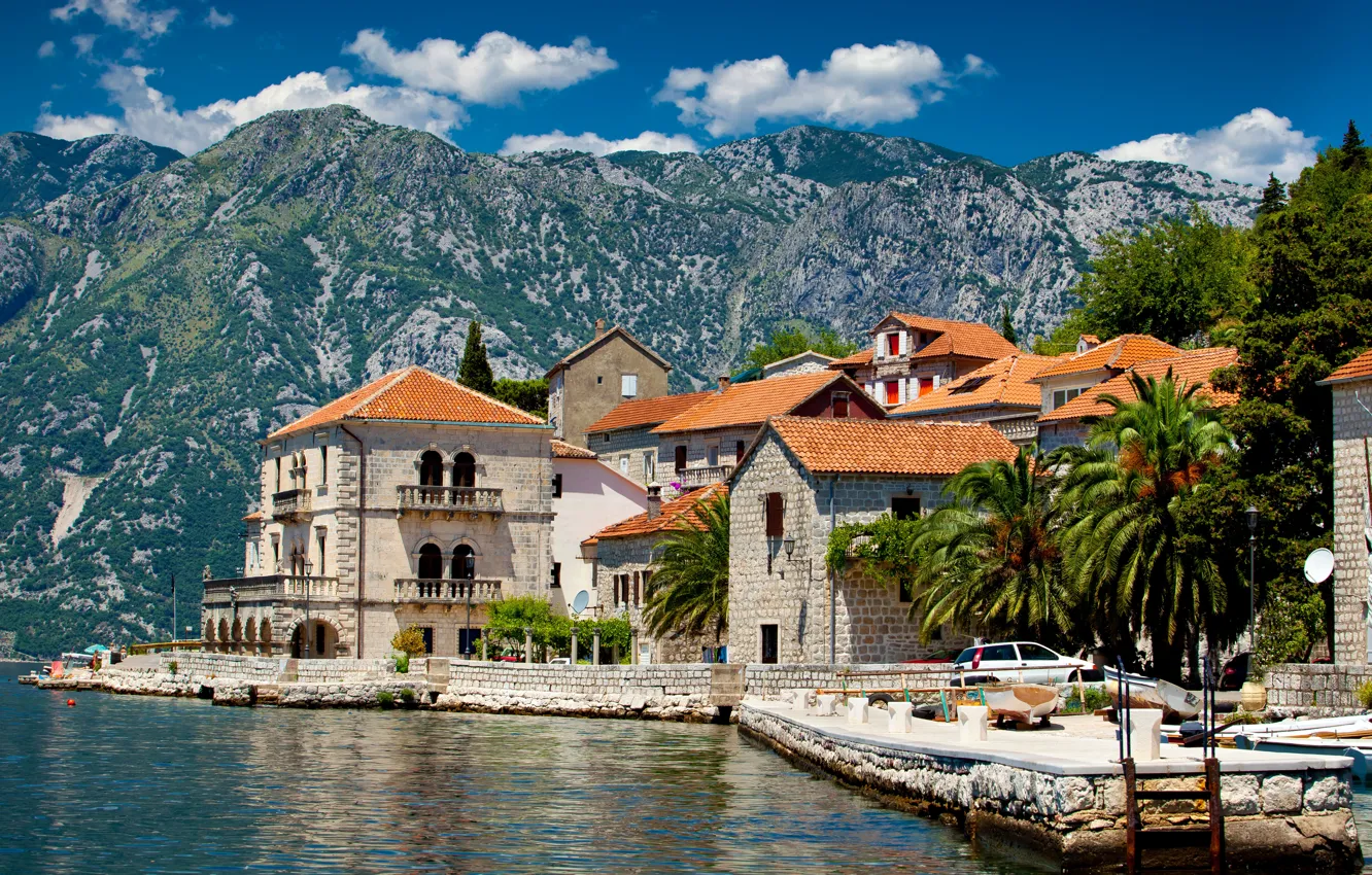 Фото обои горы, пальмы, Черногория, Perast