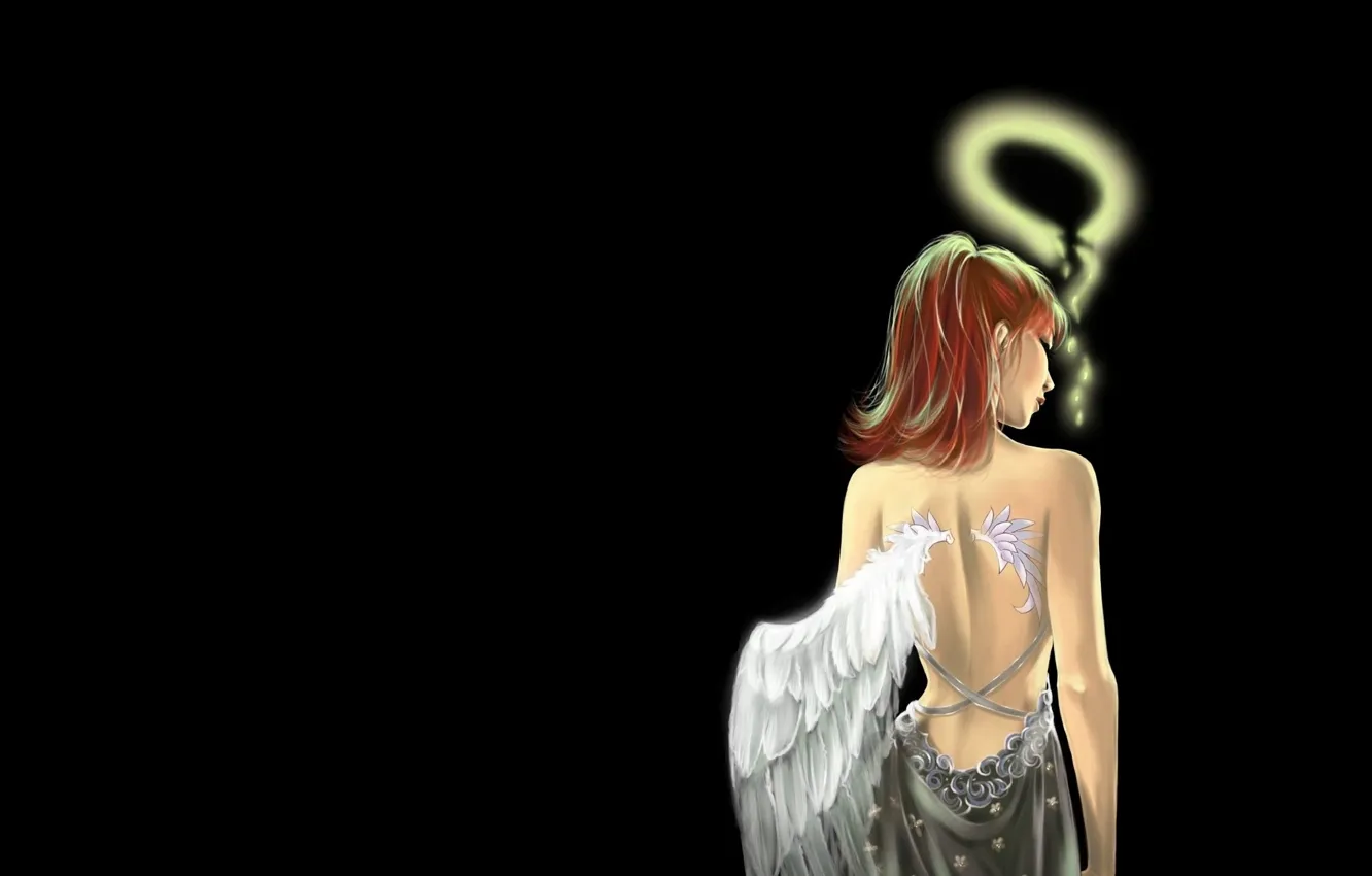 Фото обои девушка, спина, крылья, ангел, аниме, черный фон, нимб