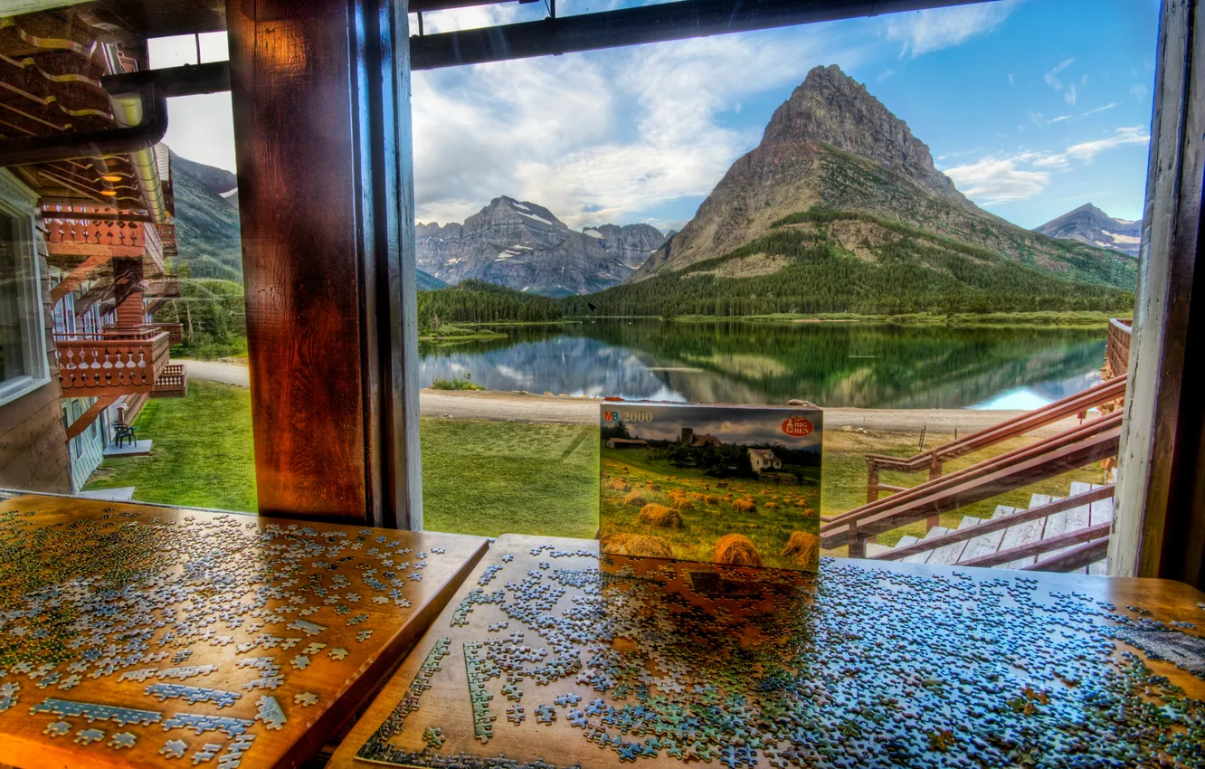 Фото обои вода, горы, пруд, река, пазлы, вид из окна