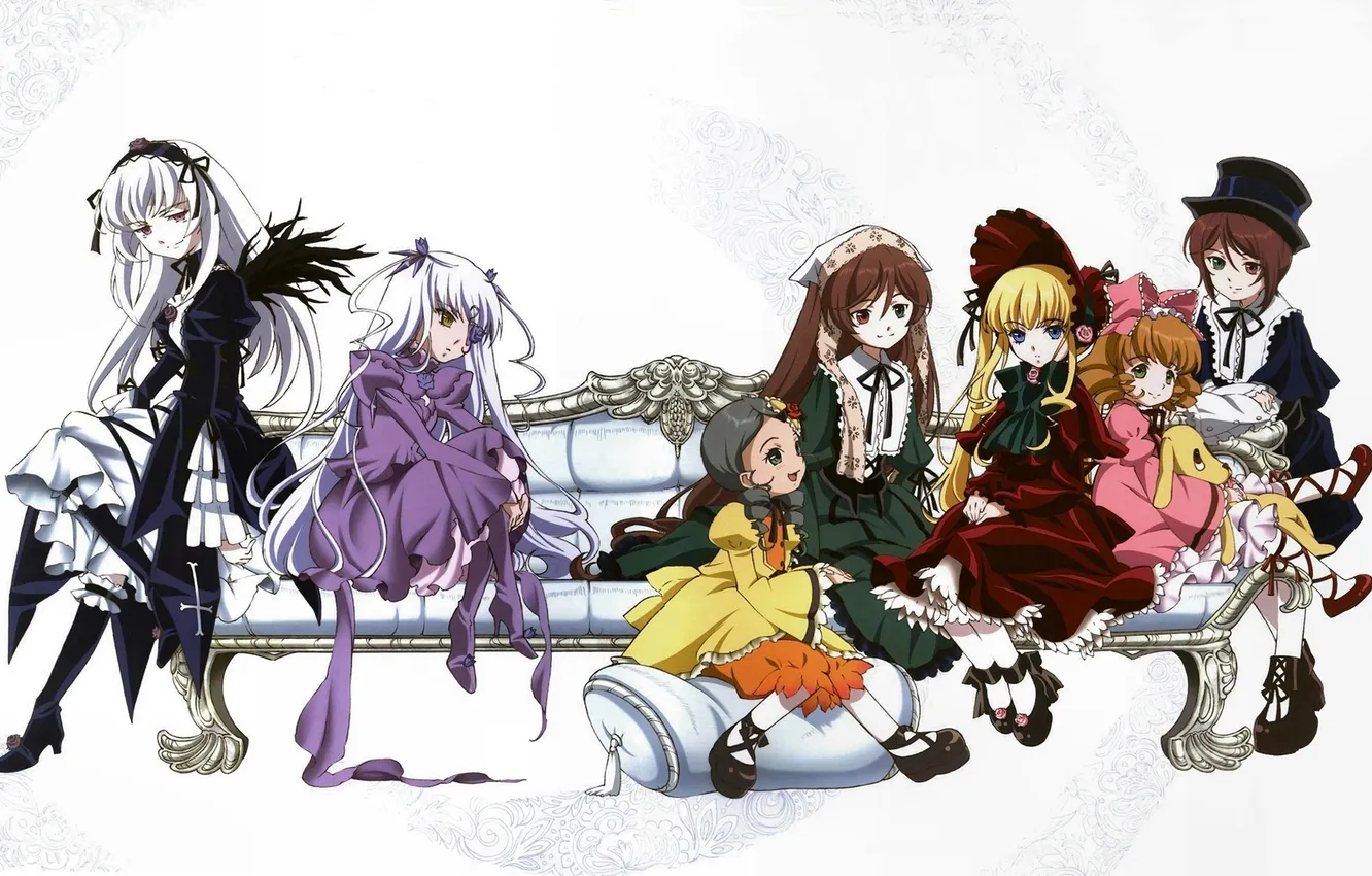 Фото обои диван, куклы, белый фон, Suigintou, Rozen Maiden, Barasuishou, Shinku, Kanaria