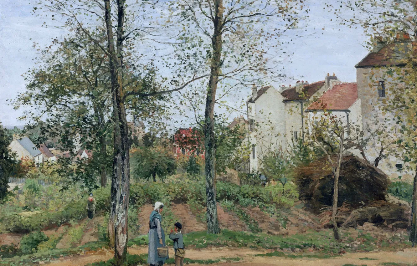 Фото обои деревья, люди, дома, картина, Камиль Писсарро, Пейзаж возле Лувесьена