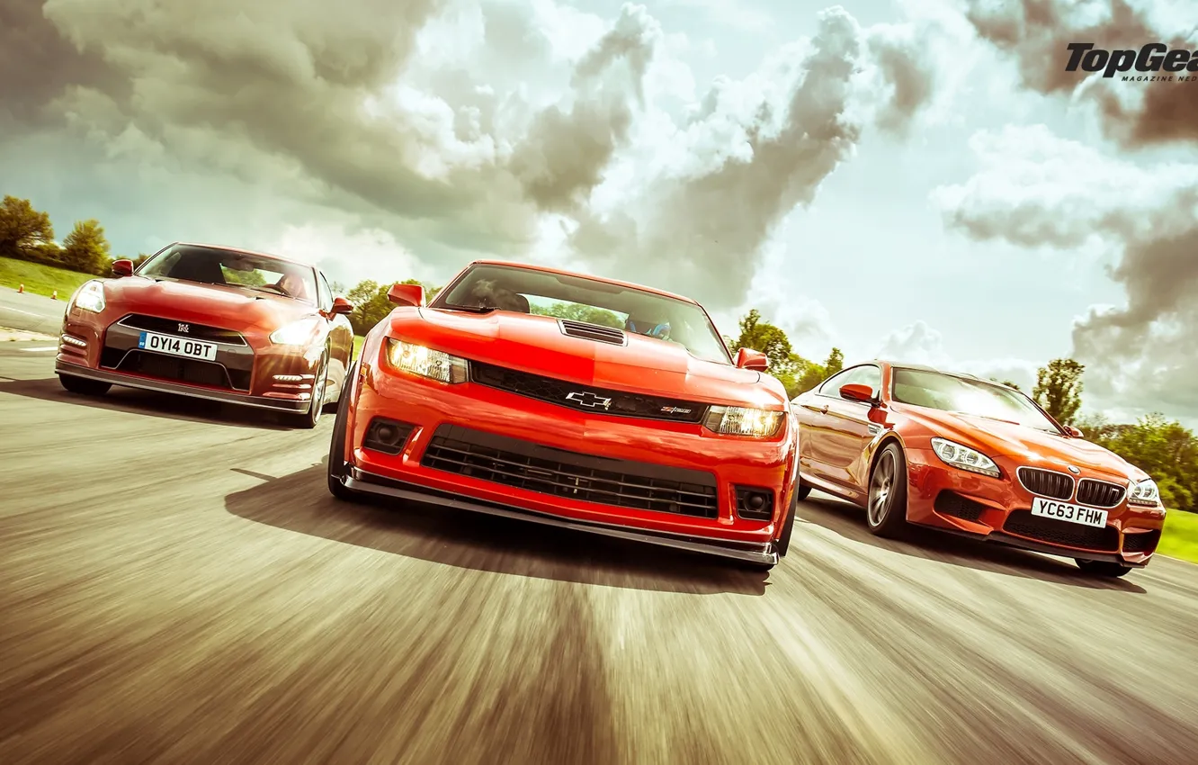 Фото обои Top Gear, Red, Cars, Front, BMW M6, Nissan GT-R, Track, Chevrolet Camaro Z28