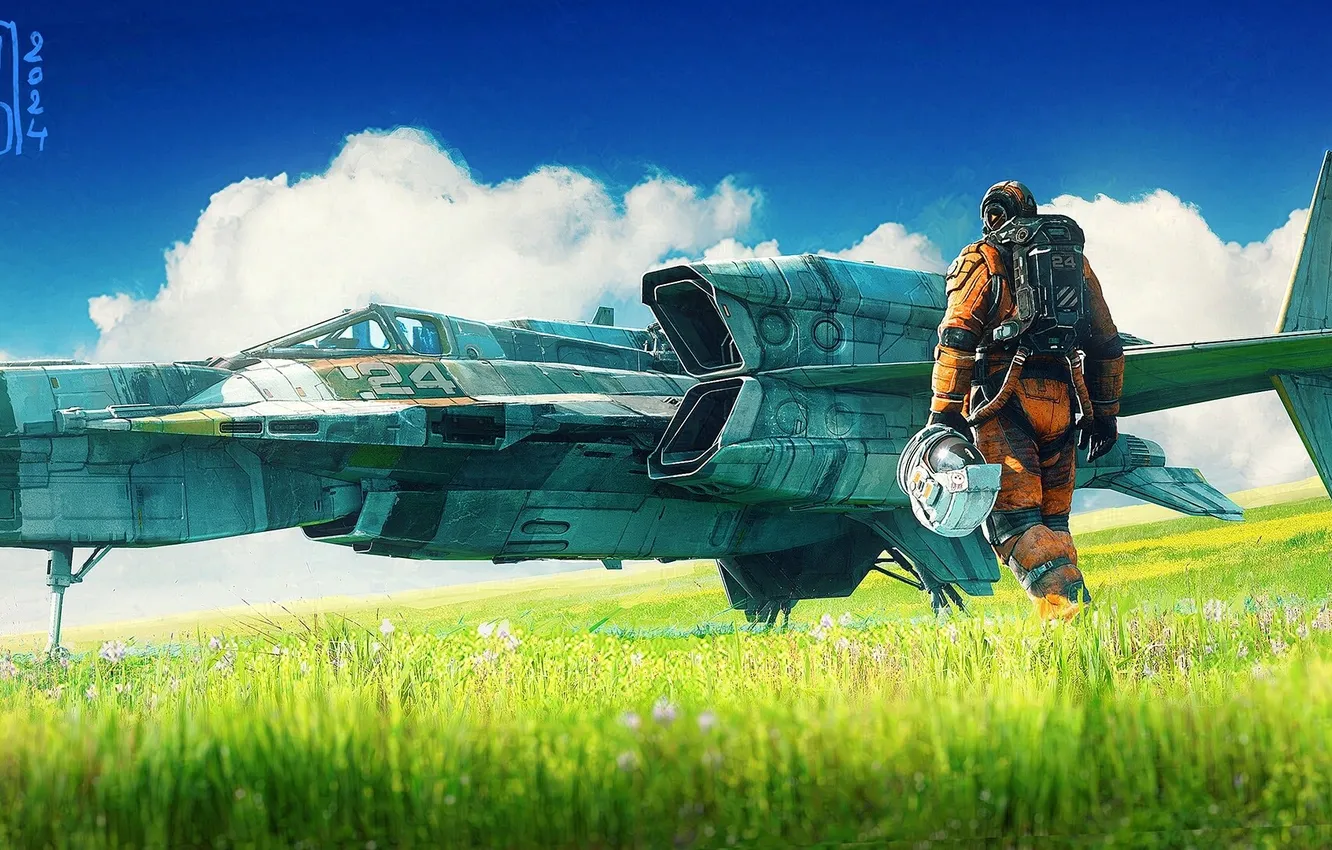 Фото обои grass, fantasy, science fiction, spaceship, sci-fi, digital art, artwork, fantasy art