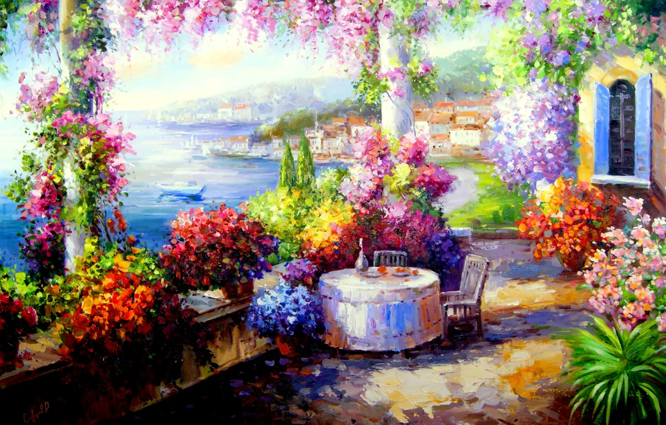Фото обои цветы, стол, дома, окно, веранда, Смородинов Руслан