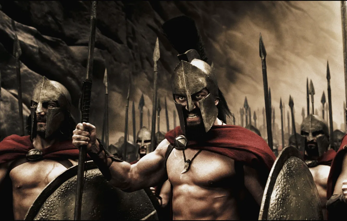 Фото обои Спарта, Царь, Леонид, Мужчины, Войны, Копья, Щиты, 300 Спартанцев
