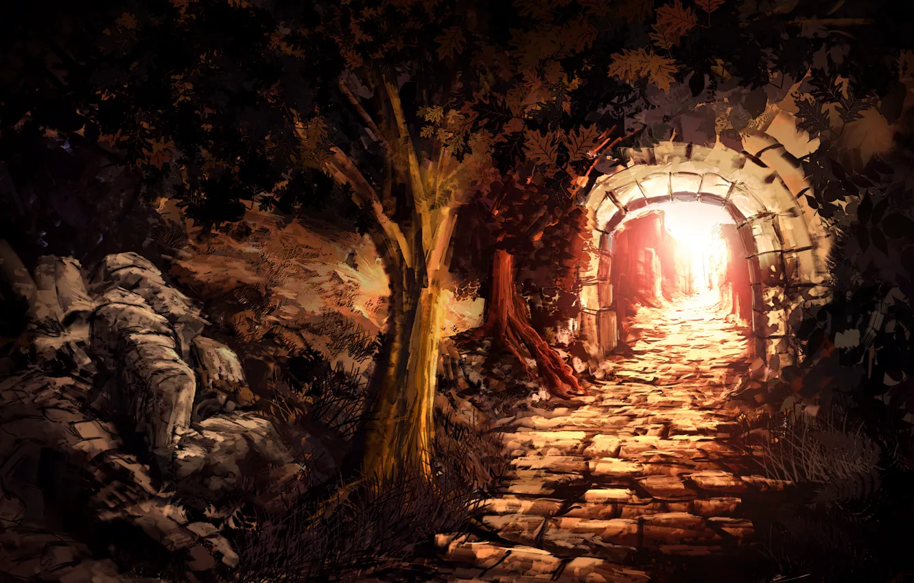 Фото обои солнце, свет, деревья, камни, арт, кладка, арка, тоннель