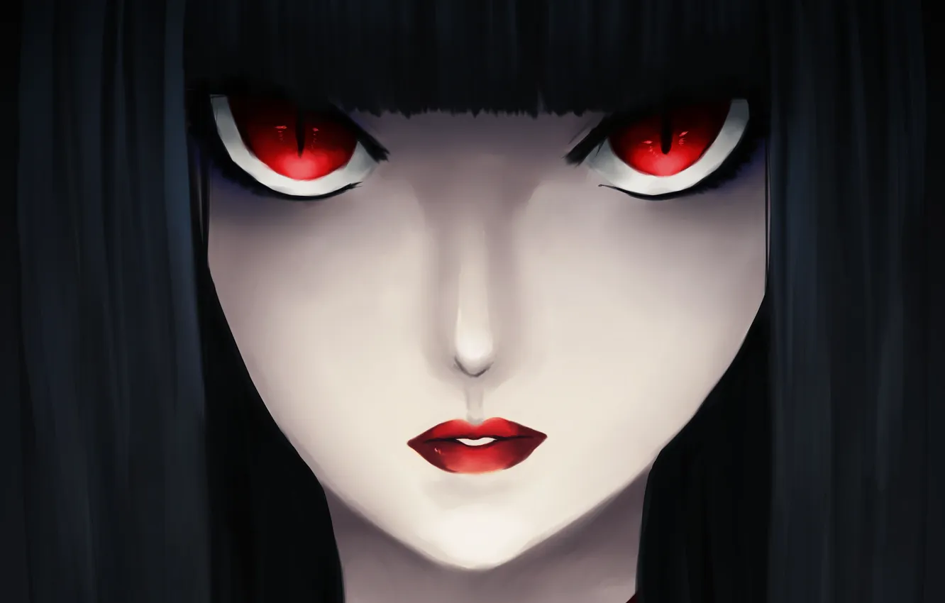 Фото обои взгляд, лицо, аниме, красные глаза, черные волосы, вампирша