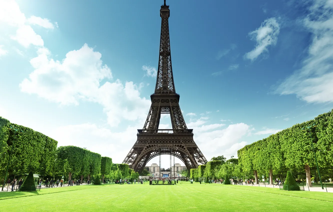 Фото обои лето, трава, Франция, Париж, Эйфелева башня, Paris, France, Eiffel Tower