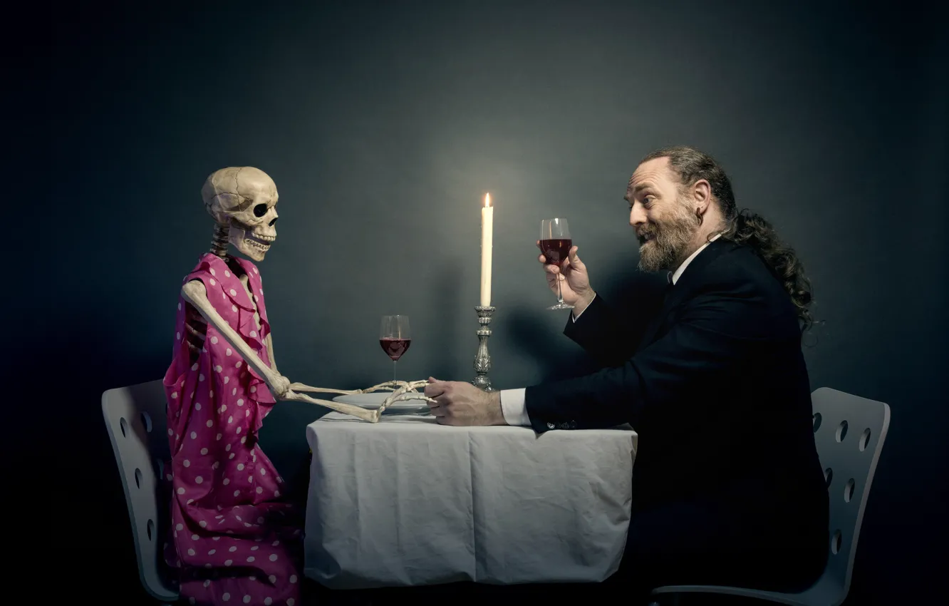 Фото обои вино, скелет, мужчина