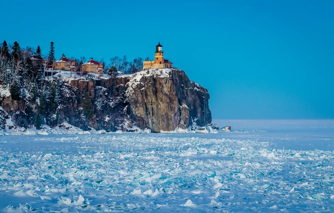 Фото обои снег, маяк, Природа, Frozen North Shore