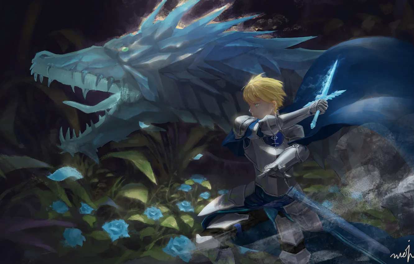 Фото обои дракон, меч, парень, рыцарь, Sword Art Online, Мастера Меча Онлайн Алисизация