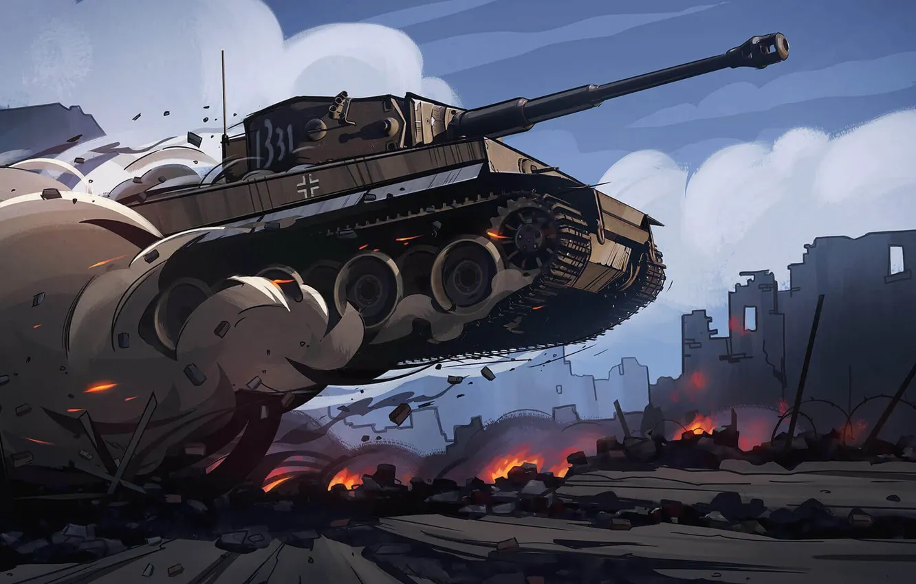 Фото обои Тигр, Дым, Полет, Арт, Танк, Немецкий, Tiger I, German heavy tank