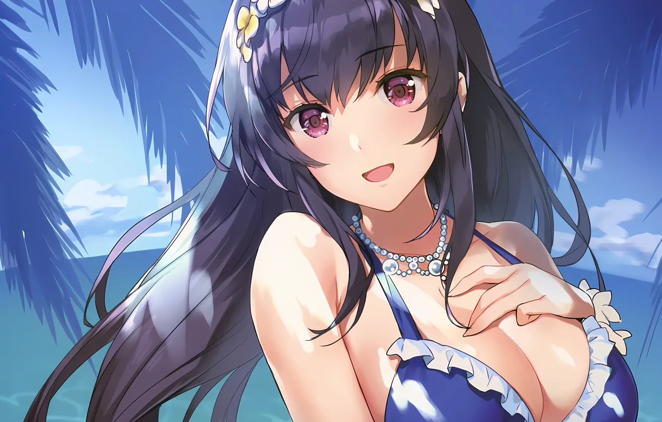 Фото обои girl, sexy, cleavage, long hair, sea, boobs, anime, water