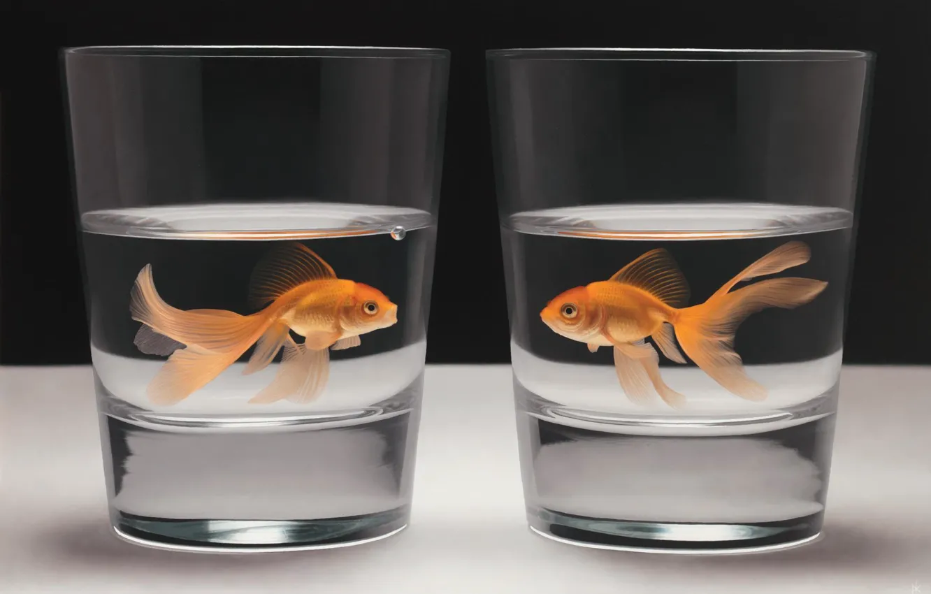 Фото обои вода, стакан, рисунок, рыбка, арт, тет-а-тет